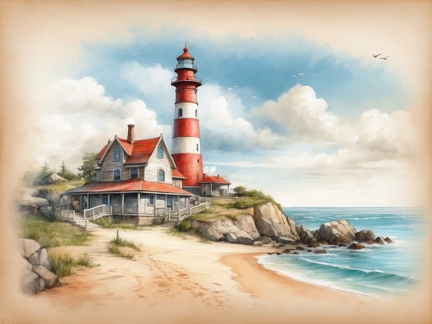 Auf dem Bild ist ein malerischer Leuchtturm zu sehen, der an einer Küste steht. Der Leuchtturm hat rot-weiße Streifen und ist von einem kleinen, charmanten Haus umgeben, das eine Veranda hat. Die Szenerie ist von einem feinen Sandstrand und sanften Wellen umgeben, während die Wolken am Himmel eine fröhliche Atmosphäre schaffen.In der Geschichte von Leba könnte dieser Leuchtturm ein wichtiger Orientierungspunkt für die Fischer sein, die täglich aufs Meer hinausfahren. Er könnte auch ein Symbol für die Hoffnung und Sicherheit darstellen, die die Küstengemeinde in stürmischen Zeiten benötigt. Der Strand könnte ein beliebter Ort für die Einheimischen und Touristen sein, wo Geschichten erzählt und Erinnerungen geschaffen werden.