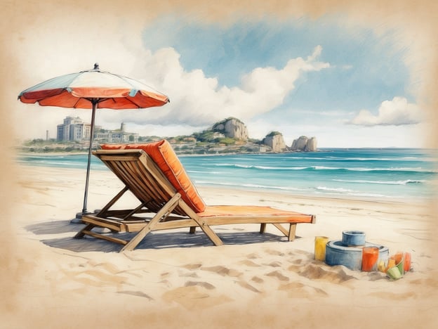 Auf dem Bild ist ein schöner Strand zu sehen, der eine entspannende Atmosphäre vermittelt. Eine Liege mit einem orangefarbenen Kissen steht im Sand, beschattet von einem Sonnenschirm. In der Umgebung gibt es einige bunte Strandspielzeuge, was darauf hindeutet, dass Kinder oder Familien hier Spaß haben könnten.Im Hintergrund sind sanfte Wellen des Meeres und einige hügelige Felsen oder Klippen sichtbar, die eine malerische Kulisse bieten. Die Szene lädt dazu ein, zu schwimmen, am Strand spazieren zu gehen oder einfach das schöne Wetter zu genießen. Solch ein Ort könnte typisch für beliebte Strandziele wie die Küstenregionen in Brasilien oder anderen tropischen Ländern sein.