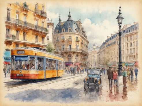 Eine belebte Stadtstraße mit historischem Charme, auf der eine gelbe Straßenbahn fährt. Die Gebäude sind mit Blumen geschmückt und bieten einladende Cafés und Geschäfte, die eine freundliche Atmosphäre schaffen. Menschen schlendern gemütlich entlang der Straße, einige halten an einem blauen Oldtimer an. Die Farben sind warm und die Architektur verleiht dem Bild eine nostalgische Ausstrahlung. Ein idealer Ort für Familien, um die Stadt zu erkunden und Spaß zu haben.