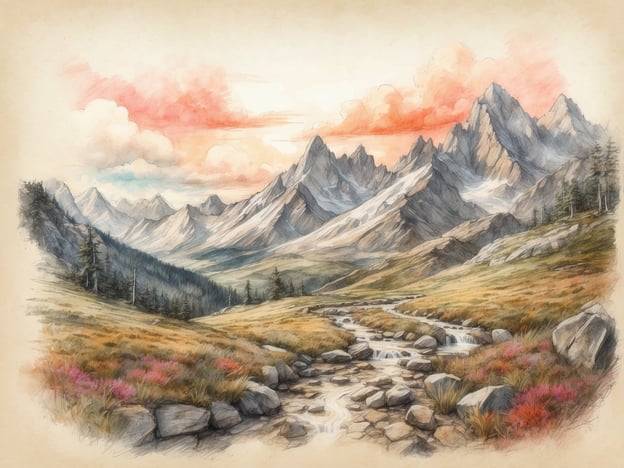 Auf dem Bild ist eine malerische Berglandschaft zu sehen. Die majestätischen Berge erheben sich im Hintergrund und sind teilweise mit Nebel oder Wolken umhüllt, die einen dramatischen Himmel schaffen. Im Vordergrund fließt ein klarer Bach durch die Szene, umgeben von bunten Wiesen mit verschiedenen Blumen, die zur natürlichen Schönheit beitragen.Diese Umgebung lädt zu zahlreichen Naturerlebnissen ein, wie zum Beispiel Wandern auf den Bergpfaden, Vogelbeobachtungen in den Wäldern oder einfach nur Entspannen am Ufer des Baches. Zudem könnte man hier auch Aktivität wie Fotografie oder Naturmalerei genießen, während man die atemberaubende Aussicht und die Ruhe der Natur in sich aufnimmt.