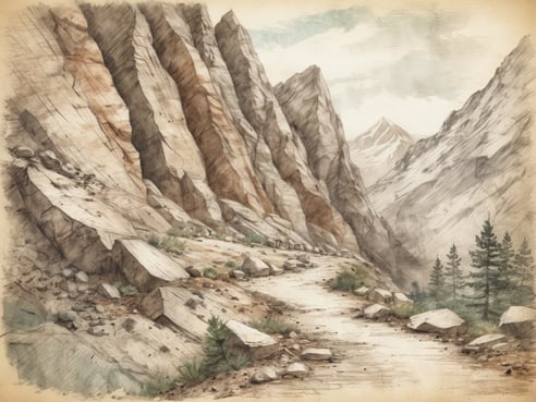 Eine malerische Gebirgslandschaft mit steilen, schroffen Felswänden, die in verschiedenen Farbtönen von Beige und Braun leuchten. Der Wanderweg schlängelt sich entlang des felsigen Geländes, umgeben von losem Geröll und vereinzelten grünen Pflanzen. Im Hintergrund erheben sich majestätische Berggipfel, teilweise mit Schnee bedeckt, unter einem bewölkten Himmel, der das Abenteuer in den Alpen erahnen lässt. Weihnachtsbaum ähnliche Bäume sind im unteren Bereich des Bildes sichtbar, was die wilde Natur unterstreicht.