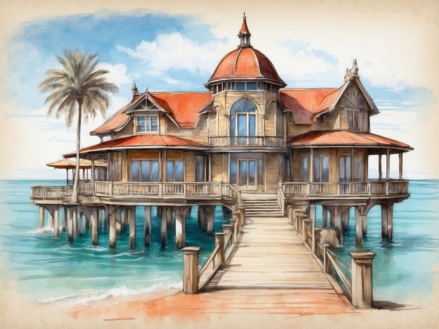 Das Bild zeigt ein eindrucksvolles Holzhaus, das auf Stelzen über dem Wasser steht, umgeben von Palmen und einem blauen Himmel. Dieses Gebäude könnte an die Architektur der historischen Strandhäuser in Sopot erinnern, einem beliebten Seebad an der polnischen Ostseeküste. Sopot ist bekannt für seine beeindruckende Seebrücke, die eine der längsten in Europa ist.Die Geschichte von Sopot reicht bis ins 19. Jahrhundert zurück, als es als Kurort für Wohlhabende bekannt wurde. Die Stadt zog viele Touristen an, die die heilenden Eigenschaften des Meerwassers schätzten. Das abgebildete Gebäude könnte ein Symbol für diese glanzvolle Vergangenheit sein und verkörpert den charme dieser am Wasser gelegenen Stadt, die auch heute noch Menschen aus aller Welt anzieht. Die Architektur des Hauses spiegelt den Stil dieser Epoche wider, als Strandarchitektur florierte und die Verbindung zur Natur und zum Wasser im Vordergrund stand.