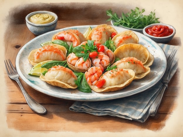 Auf dem Bild sind gefüllte Teigtaschen zu sehen, die an Pelmeni oder Pierogi erinnern könnten, ergänzt mit Garnelen und frischen Kräutern. Dazu gibt es verschiedene Saucen und Beilagen.In Sopot, einer beliebten Küstenstadt in Polen, sind kulinarische Highlights wie frisch zubereitete Meeresfrüchte und traditionelle polnische Gerichte weit verbreitet. Besonders empfehlenswert sind Restaurants, die regionale Spezialitäten anbieten, wie z.B. frische Fische oder die beliebten Pierogi mit verschiedenen Füllungen. Sopot ist bekannt für seine gemütlichen Lokale, die oft direkt am Strand liegen und eine tolle Aussicht auf die Ostsee bieten.
