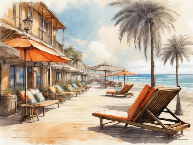 Auf dem Bild ist eine Strandszene mit Liegen, Sonnenschirmen und Palmen zu sehen. In Danzig könntest du ähnliche Aktivitäten unternehmen, wie zum Beispiel:1. **Am Strand entspannen**: Besuche den Strand von Stogi oder Brzeźno, wo du Liegen mieten und die Sonne genießen kannst.2. **Wassersport ausprobieren**: Möglich sind Aktivitäten wie Surfen, Windsurfen oder Kajakfahren.3. **Spaziergänge entlang der Promenade**: Die Küstenpromenade lädt zu schönen Spaziergängen mit Blick auf die Ostsee ein.4. **Essen und Trinken in Strandcafés**: Probiere lokale Spezialitäten in den Strandrestaurants oder Cafés.Diese Aktivitäten reflektieren die entspannte Atmosphäre, die auf dem Bild dargestellt ist.