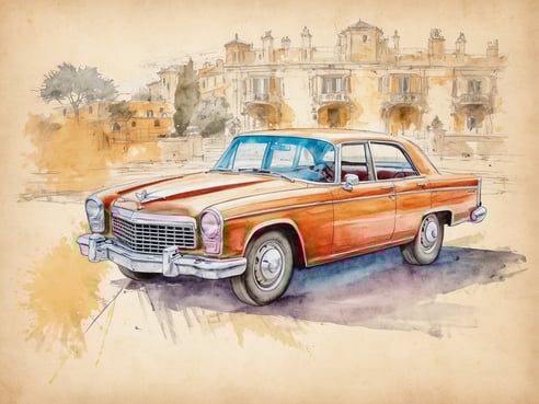 Ein stilvoller, orangefarbener Oldtimer steht vor einem historischen Gebäude, das im Hintergrund zu sehen ist. Die Architektur zeichnet sich durch elegante Details und eine mediterrane Atmosphäre aus. Rund um das Auto sind sanfte Aquarelltöne, die dem Bild eine künstlerische Note verleihen. Die Szenerie vermittelt ein Gefühl von nostalgischem Luxus und erinnert an exklusive Reisen in einem europäischen Urlaubsziel.