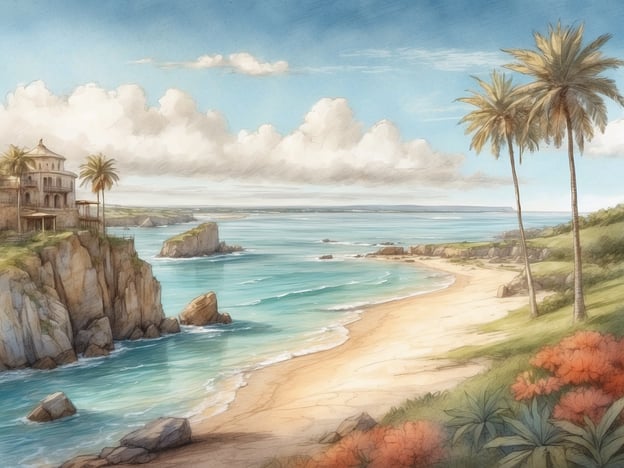 Auf dem Bild ist eine malerische Küstenlandschaft zu sehen. Im Vordergrund erstreckt sich ein feiner Sandstrand, ideal zum Entspannen und Schwimmen. Die sanften Wellen des klaren, blauen Wassers laden zu Wassersportaktivitäten wie Schnorcheln oder Kajakfahren ein.Im Hintergrund befindet sich eine beeindruckende Klippe, auf der ein charmantes Gebäude steht, das einen fantastischen Blick auf das Meer bietet. Palmen säumen die Küste und verleihen der Szene ein tropisches Flair. Diese Umgebung eignet sich hervorragend für Spaziergänge in der Natur und die Erkundung der schönen Landschaft. Ideal für einen Urlaub, in dem man Sonne, Strand und Ruhe genießen kann!
