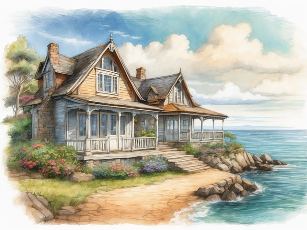 Auf dem Bild ist ein malerisches Haus zu sehen, das an der Küste steht. Die Architektur ist charmant und typisch für ein Strandhaus, mit einem Balkon und einer gemütlichen Umgebung aus Blumen und Bäumen. Die Wellen des Meeres schlagen sanft gegen die Felsen, und der Himmel ist teils bewölkt und teils sonnig.In Bezug auf Unterkünfte auf Wollin gibt es dort viele gepflegte Pensionen und Ferienhäuser, die ähnlich einen beeindruckenden Blick auf die Ostsee bieten. Die Region ist bekannt für ihre natürliche Schönheit, historische Stätten und die Möglichkeit, sich am Strand zu entspannen oder die umliegende Natur zu erkunden.