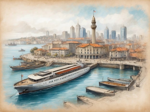 Das Bild zeigt eine malerische Hafenansicht mit einem großen Schiff, das im Wasser vor einer Stadt liegt. Im Hintergrund sind Wolkenkratzer und historische Gebäude sichtbar, was auf eine lebendige Hafenstadt hinweist.Die Geschichte von Gdynia ist geprägt von ihrem Aufstieg als bedeutender polnischer Hafen im 20. Jahrhundert. Die Stadt entwickelte sich schnell und wurde während der Zwischenkriegszeit zum Symbol nationaler Unabhängigkeit. Der Hafen von Gdynia war entscheidend für den Handel und die maritime Wirtschaft Polens und spielte eine wesentliche Rolle in der Verbindung des Landes zur See. Mit der industriellen Entwicklung und den dazugehörigen Infrastrukturen hat Gdynia sich zu einem wichtigen Handels- und Frachtzentrum an der Ostsee entwickelt.