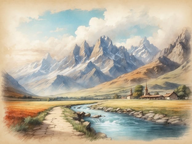 Auf dem Bild ist eine malerische Landschaft mit majestätischen Bergen, einem klaren Fluss und einer friedlichen Umgebung zu sehen. Die Berge könnten an die Alpen erinnern, bekannt für ihre beeindruckenden Gipfel und Wanderwege. Der Fluss, der durch das Tal fließt, könnte als Teil einer schönen Wanderroute dienen.In der Nähe des Flusses erkennt man einige kleine Gebäude mit charakteristischen Kirchtürmen, die an traditionelle alpine Dörfer erinnern. Diese Art von Architektur ist typisch für Regionen wie die Schweiz oder Tirol, wo man oft charmante Dörfer zwischen den Bergen findet.Insgesamt vermittelt die Szenerie ein Gefühl von Ruhe und natürlicher Schönheit, was typisch für beliebte Ausflugsziele in den Bergen ist.