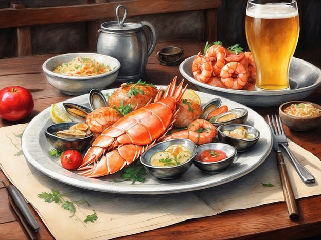Auf dem Bild sind leckere Meeresfrüchte zu sehen, darunter Garnelen, Muscheln und Langustinen, die auf einem großen Silbertablett angerichtet sind. Begleitet wird das Gericht von verschiedenen Saucen und einer Beilage aus Salat. Im Hintergrund steht ein Glas Bier sowie eine Schale mit weiteren Delikatessen.In Gdynia sind kulinarische Höhepunkte wie frische Meeresfrüchte besonders beliebt, da die Stadt an der Ostsee liegt. Restaurants bieten eine Vielzahl von Fischgerichten an, die oft direkt vom örtlichen Fischmarkt stammen. Typische Gerichte sind unter anderem Schalen- und Krustentiere, die in verschiedenen Variationen serviert werden.