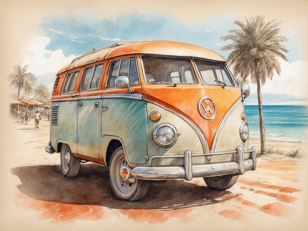 Auf dem Bild ist ein VW-Bus zu sehen, der an einem Strandparkplatz steht. Diese Szenerie lädt zu verschiedenen Aktivitäten ein, wie zum Beispiel:- Ein Picknick am Strand- Surfen oder Schwimmen im Meer- Eine entspannte Autofahrt entlang der Küste- Spazierengehen auf der Strandpromenade- Campen oder Übernachten im BusDie Umgebung mit Palmen und dem Meer verspricht eine entspannte und sonnige Zeit im Freien.