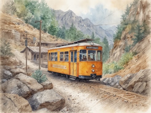 Ein gelber Straßenbahnwagen fährt auf einer schmalen Strecke durch eine hügelige, felsige Landschaft. Im Hintergrund erheben sich majestätische Berge, während rechts eine kleine, rustikale Holzhütte sichtbar ist. Die Szenerie ist von einer sanften Wassermalfarbe geprägt, die eine friedliche, einladende Atmosphäre vermittelt. Die Umgebung ist grün bewachsen und spärlich besiedelt, was das Bild für Alleinreisende zu einem ansprechenden Ziel macht.
