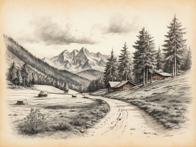 Auf dem Bild ist eine malerische Landschaft des Schwarzwaldes zu sehen, die in sanften, grauen Tönen gestaltet ist. Die Szenerie zeigt hohe, kräftige Tannen und sanfte Hügel, die sich bis zu beeindruckenden Bergen im Hintergrund erstrecken. Am Rand des Bildes sind einige einfache, rustikale Holzhäuser dargestellt, die traditionell für die Region sind.Die Wege und die Natur spiegeln die ländliche Idylle und die tief verwurzelte Geschichte des Schwarzwaldes wider, der seit Jahrhunderten ein Zentrum für Holzernte, Kunsthandwerk und die Erzeugung von Kuckucksuhren ist. Diese Landschaft zieht viele Wanderer und Naturliebhaber an, die die Ruhe und den Charme der Region genießen möchten.