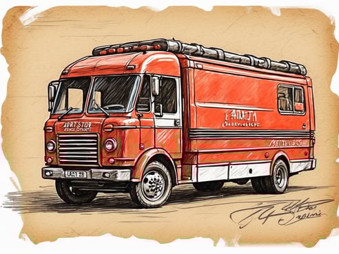 Ein roter Transporter mit einer charakteristischen Frontpartie steht auf einem beige Hintergrund, der an Papier erinnert. Der Bus hat runde Scheinwerfer und viele Details, die das Vintage-Design betonen. Auf der Seite des Fahrzeugs steht der Schriftzug "ART STOP" sowie andere Markierungen. Der Transporter hat eine einfache, funktionale Form und große Fenster, die einen Einblick in das Innere ermöglichen.