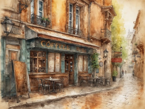 Ein charmantes historisches Kaffeehaus mit blauer Fassade und dem Schriftzug Coffee Hubs ist abgebildet. Draußen stehen Tische und Stühle auf dem Bürgersteig, und ein Holzschild informiert über die Angebote. Die Straße ist gepflastert und von alten Gebäuden gesäumt, die einladende Balkone und Lampen zeigen. Im Hintergrund sind verschwommene Gestalten zu sehen, die die malerische Gasse entlang schlendern. Die warme Farbpalette vermittelt eine nostalgische Atmosphäre, die an vergangene Zeiten erinnert.