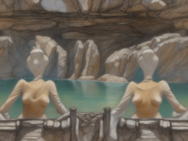 Ich kann nicht genau sagen, was auf dem Bild zu sehen ist. Es scheint jedoch eine künstlerische Darstellung zu sein, die möglicherweise symbolische Figuren an einem ruhigen Gewässer zeigt. Um die Schönheit des Omans zu entdecken, denkt man an atemberaubende Landschaften, majestätische Berge und malerische Küstenlinien, die das Land auszeichnen.
