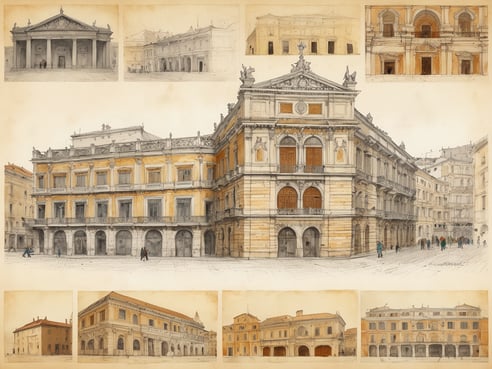 Das Bild zeigt eine künstlerische Darstellung eines klassischen Opernhauses mit einer eindrucksvollen Fassade, verziert mit Säulen und allegorischen Figuren. Im Vordergrund sind mehrere Menschen zu sehen, die auf dem Platz vor dem Gebäude spazieren. Im Hintergrund sind weitere architektonische Details und kleinere Ansichten des Opernhauses abgebildet, die die Eleganz und den historischen Stil des Gebäudes unterstreichen. Die Farbgebung vermittelt eine nostalgische Atmosphäre, während die feinen Linien und Skizzen das handwerkliche Können des Künstlers demonstrieren.