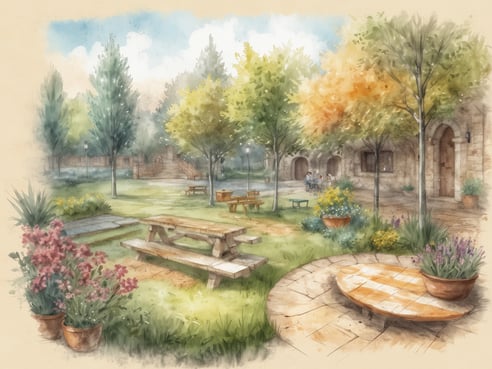 Eine malerische Parklandschaft mit viel Grün, die von sanften Hügeln umgeben ist. Im Vordergrund stehen mehrere rustikale Holztische und Bänke, ideal für ein Picknick. Bunte Blumen in Töpfen und auf dem Boden verleihen dem Ort einen lebendigen Charme. Im Hintergrund sind schattenspendende Bäume zu sehen, während eine Treppe zu einem höher gelegenen Bereich führt. An einer Wand im Hintergrund befinden sich mehrere Fenster, die auf einen gemütlichen Aufenthaltsbereich hinweisen. Der Himmel ist leicht bewölkt, was eine friedliche Atmosphäre schafft.