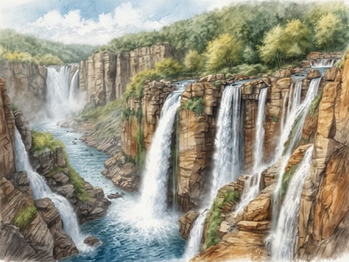 Eine beeindruckende Landschaft mit mehreren Wasserfällen, die über hohe Felsen herabstürzen. Das Wasser strömt in ein klares, blau-grünes Flussbett, das von steilen Felsformationen und üppigem Grün umgeben ist. Die Atmosphäre ist ruhig und friedlich, während Wolken am Himmel leicht vorbeiziehen und das Licht sanft auf die Szene fällt. Diese natürliche Schönheit erinnert an einige der beeindruckendsten Wasserfälle Europas, die als Naturwunder gelten.