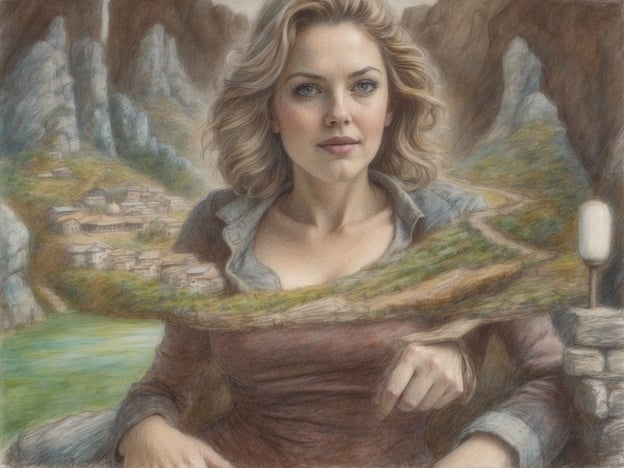 Auf dem Bild ist eine künstlerische Darstellung einer Frau zu sehen, deren Oberkörper und Gesicht im Vordergrund hervorgehoben sind, während im Hintergrund eine idyllische Landschaft mit Bergen und einem Dorf zu erkennen ist. Diese Szenerie könnte an einen Ort erinnern, der für Wandern und Naturerkundungen bekannt ist.In der Umgebung könnten Aktivitäten wie:- **Wanderungen** durch die beeindruckenden Berge und Täler.- **Besuche historischer Stätten** im Dorf, vielleicht alte Kirchen oder traditionelle Bauwerke.- **Bootsfahrten** auf einem nahegelegenen See.- **Naturfotografie** des malerischen Landschaftsbildes und der Tierwelt.Diese Aktivitäten könnten dazu beitragen, die natürliche Schönheit und die Kultur der Region besser kennenzulernen.