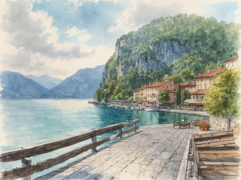 Eine malerische Seepromenade erstreckt sich entlang eines glitzernden, ruhigen Gewässers, umgeben von sanften Hügeln und imposanten Bergen im Hintergrund. Die Uferpromenade ist mit einem Holzgeländer gesäumt und führt zu einer charmanten Ansammlung von farbenfrohen Gebäuden, die die Landschaft säumen. Einige Boote sind in der Nähe vertäut, während üppige Bäume und blühende Pflanzen das Gesamtbild bereichern. Die Atmosphäre ist friedlich und romantisch, ideal für einen entspannten Spaziergang am Wasser entlang.
