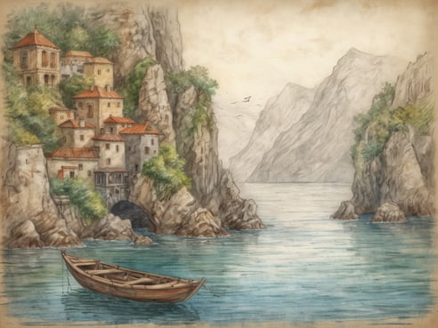 Eine ruhige Küstenlandschaft mit einer malerischen Ansammlung von alten Häusern, die an steilen Felsen kleben. Die Gebäude haben rote Dächer und sind von üppigem Grün umgeben. Im Vordergrund ist ein kleines Holzboot auf dem klaren Wasser zu sehen, das sanft an den Ufern schaukelt. Im Hintergrund erheben sich majestätische Berge, die den Horizont dominieren. Die Szene vermittelt eine friedliche und idyllische Atmosphäre, perfect für einen Besuch zu den faszinierendsten Gezeiteninseln in Europa.