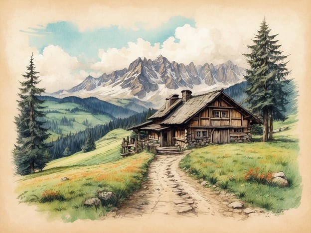 Auf dem Bild ist eine malerische Landschaft zu sehen, die von einer traditionellen Almhütte dominiert wird. Solche Hütten sind typisch für alpine Regionen, insbesondere in den Alpen, und spiegeln eine lange Tradition der Almwirtschaft wider.Die Hütte ist aus Holz und Stein gebaut, was typisch für die Bauweise dieser Region ist. Sie steht in einer idyllischen Umgebung, umgeben von dichten Nadelbäumen und majestätischen Bergen. Diese Umgebung spielt eine zentrale Rolle in der Kultur und Tradition der Alpenländer, wo die Natur oft mit Bodenständigkeit und Einfachheit assoziiert wird.In vielen alpinen Gemeinden lebte man früher während des Sommers in solchen Hütten, um die Viehzucht und die landwirtschaftliche Nutzung der Wiesen zu betreiben. Diese Tradition wird heute noch in vielen Regionen gepflegt, und die Almen sind beliebte Ausflugsziele für Wanderer und Naturliebhaber. Die malerische Darstellung des Bildes vermittelt ein Gefühl von Ruhe und Verbundenheit zur Natur, was in der alpenländischen Lebensweise von großer Bedeutung ist.