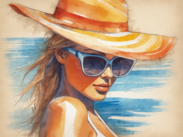 Auf dem Bild ist eine Frau mit einem großen Sonnenhut und Sonnenbrille zu sehen, die am Strand oder in der Nähe von Wasser ist. Es handelt sich um eine künstlerische Darstellung mit lebendigen Farben. Sonnenschutz nicht vergessen!
