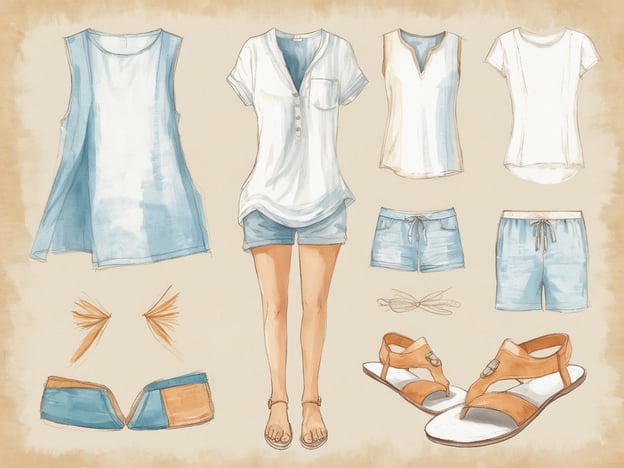 Auf dem Bild sind verschiedene Teile von bequemer Strandkleidung zu sehen. Dazu gehören ein ärmelloses Oberteil, zwei T-Shirts, eine kurze Hose und Badeschuhe. Außerdem sind ein Bikini und Flip-Flops abgebildet. Diese Kleidung eignet sich perfekt für einen entspannten Tag am Strand.