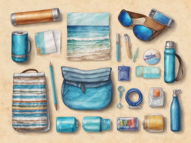 Auf dem Bild sind verschiedene praktische Zubehörteile für einen Strandtag zu sehen. Dazu gehören:- Eine Kühlbox oder -tasche für Snacks und Getränke.- Trinkflaschen und ein Kaffeebecher.- Sonnenbrille und Sonnencreme zum Schutz vor UV-Strahlen.- Ein Handtuch oder eine Plane zum Entspannen am Strand.- Schreibutensilien und Notizblätter für Notizen oder Spiele.- Verschiedene Behälter, vermutlich für kosmetische Produkte oder Snacks.Diese Gegenstände sind nützlich, um einen angenehmen und komfortablen Tag am Strand zu verbringen.