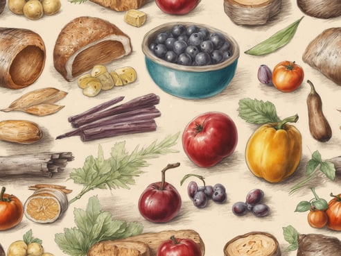 Eine bunte Anordnung von frischen Lebensmitteln und regionalen Produkten ist zu sehen. Eine Schale mit blauen Beeren steht zentral, umgeben von verschiedenen Obst- und Gemüsesorten wie Äpfeln, Tomaten, Paprika, Auberginen und selteneren Zutaten wie Rhabarber. Dazu befinden sich einige Brotscheiben und Käse. Weitere Zutaten wie Zitrusfrüchte und Wurzeln ergänzen die Vielfalt. Die Komposition vermittelt eine Einladung zur Entdeckungsreise regionaler Genüsse und spiegelt die Märkte im Chiemgau wider.