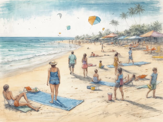 Auf dem Bild sieht man eine lebhafte Strandszene. Viele Menschen genießen den sonnigen Tag am Strand, einige entspannen auf Liegen, während andere am Wasser spazieren gehen oder spielen. Es gibt bunten Sonnenschirme und Kites, die über dem Wasser fliegen. Die Atmosphäre strahlt Freude und Entspannung aus – perfekt für Spaß am Strand haben!