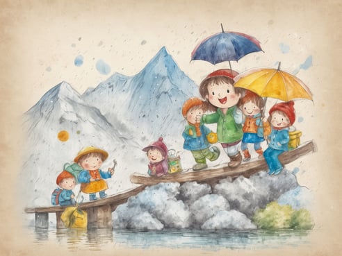 Eine Gruppe von fröhlichen Kindern steht auf einer Holzbrücke, während es leicht regnet. Sie tragen unterschiedliche Kleidung und halten bunte Regenschirme. Einige Kinder haben Rucksäcke und eine Lupe in der Hand. Im Hintergrund sind majestätische Berge zu sehen, die eine neblige Atmosphäre schaffen. Das Bild vermittelt eine leichte, spielerische Stimmung und zeigt, dass man auch an einem Regentag in Garmisch-Partenkirchen Spaß haben kann.