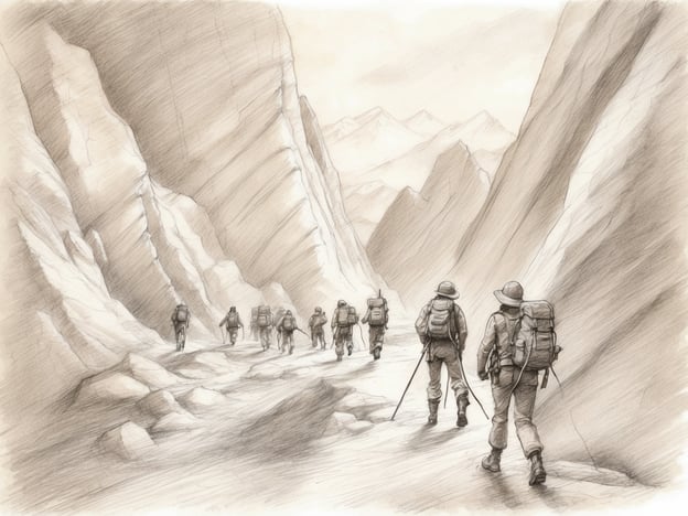 Auf dem Bild sind Abenteurer zu sehen, die in einer beeindruckenden Schlucht wandern. Diese Szene lädt ein zu Aktivitäten wie:1. **Wanderungen**: Die Entdecker erforschen die Natur und genießen die frische Luft.2. **Bergsteigen**: In den umliegenden Bergen könnte es spannende Routen geben, die gemeistert werden wollen.3. **Fotografie**: Die beeindruckenden Landschaften bieten sich hervorragend für atemberaubende Fotos an.4. **Camping**: Nach einem langen Wandertag könnten die Abenteurer ihr Lager aufschlagen und die Sterne beobachten.5. **Naturerkundung**: Die Gruppe könnte die Flora und Fauna in dieser faszinierenden Umgebung erkunden.Diese Aktivitäten fördern nicht nur die körperliche Fitness, sondern auch das Gemeinschaftsgefühl und die Verbundenheit zur Natur.
