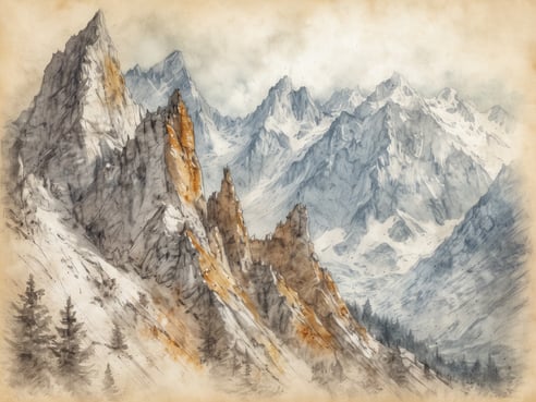 Ein beeindruckendes Landschaftsbild zeigt die majestätischen Felsen und Gipfel des Wettersteingebirges. Die hohen, zerklüfteten Berge erheben sich in verschiedenen Grautönen, während einige Felsen orangefarbene Akzente aufweisen. Die Hänge sind teilweise mit Schnee bedeckt, und im Vordergrund befinden sich dunkle Nadelbäume. Der Himmel ist bewölkt, was das Bild in eine mystische Atmosphäre eintaucht und den atemberaubenden Ausblick auf das Gebirge noch verstärkt.