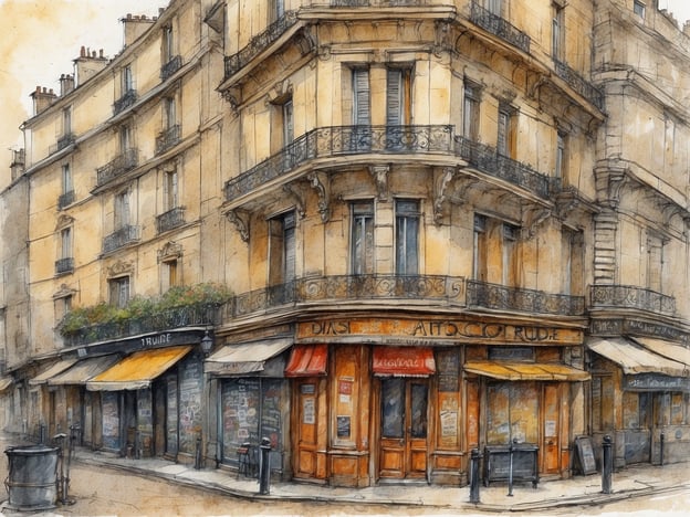 Auf dem Bild ist eine charmante Straßenszene in Paris zu sehen. Es zeigt eine Ecke eines Gebäudes mit nostalgischem Charakter, das typischerweise für versteckte Schätze in der Stadt steht. Die Fassade ist in warmen, erdigen Tönen gehalten und hat Balkone mit schmiedeeisernen Geländern.
Die kleinen Geschäfte mit ihren bunten Sonnenschirmen und Schildern verleihen der Umgebung eine lebendige und einladende Atmosphäre. Diese Art von Szenen ist oft an weniger frequentierten Orten zu finden, wo man die authentische Pariser Stimmung erleben kann. Die Kombination aus Architektur und Café-Kultur ist ein echter Schatz für Besucher, die die versteckten Seiten von Paris entdecken möchten.