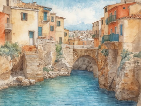 Friedliche Straßenszene an einem kleinen Kanal mit einem Steinbogenbrücke. Die bunten Häuser mit mediterranem Charme haben holzverkleidete Balkone und Fensterläden. Der klare Wasserverlauf spiegelt die umliegenden Strukturen wider, während sanfte Berggipfel im Hintergrund sichtbar sind. Diese Landschaft erinnert an malerische Orte wie die Cinque Terre in Italien oder die Küstenstadt Cassis in Frankreich.