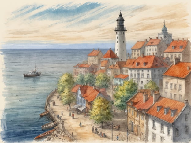Auf dem Bild ist eine malerische Küstenstadt an der Ostsee zu sehen. Die Szenerie umfasst charmante, bunte Häuser mit roten Dächern, die typisch für die Architektur in dieser Region sind. Im Hintergrund erhebt sich ein Leuchtturm, der traditioneller Bestandteil maritimer Städte ist und Seeleute sicher durch die Gewässer führt.
Die Küstenlinie wird von einem sanften Wasserverlauf flankiert, auf dem ein kleines Boot fährt. Dies spiegelt die maritime Kultur der Ostsee wider, in der Fischerei und Seefahrt eine bedeutende Rolle spielen.
Der Bildausschnitt zeigt auch eine belebte Promenade, wo Menschen spazieren gehen und das maritime Flair genießen. Solche Szenerien laden dazu ein, die Geschichte und Kultur der Ostsee zu erkunden, einschließlich ihrer Fischerdörfer, historischen Leuchttürme und der Traditionen, die sich über Jahrhunderte entwickelt haben.