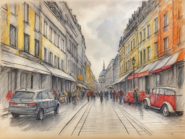 Auf dem Bild ist eine lebhafte Stadtstraße zu sehen, die von historischen Gebäuden flankiert wird. Die Farben sind sanft und die Skizze vermittelt eine nostalgische Atmosphäre. Menschen schlendern gemütlich die Straße entlang, während Autos am Straßenrand geparkt sind.
In Berlin könntest du ähnliche Straßenszenen in Vierteln wie Kreuzberg oder Prenzlauer Berg entdecken. Dort gibt es eine reiche Kultur, zahlreiche Galerien, kleine Cafés und lebendige Märkte. Die Kombination aus Geschichte, Kunst und alltäglichem Leben macht diese Orte besonders einladend für Besucher, die das urbane Flair Berlins erleben möchten.