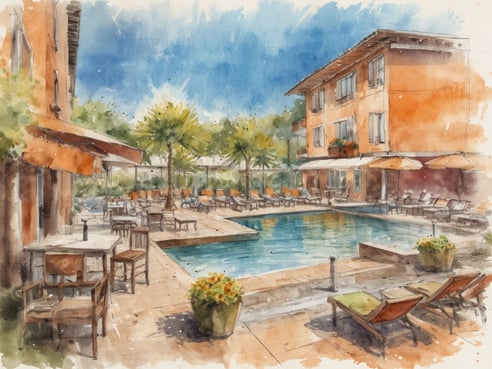 Das Bild zeigt einen einladenden Außenbereich eines Hotels mit einem großzügigen Pool. Um den Pool herum befinden sich gemütliche Liegen und Sonnenschirme. In der Umgebung sind üppige Grünpflanzen und Palmen zu sehen, die eine entspannende Atmosphäre schaffen. Das Hotelgebäude hat eine warme, orangefarbene Fassade und mehrere Fenster. Auf der Poolterrasse stehen Tische und Stühle, die zum Verweilen einladen. 

Um einen stressfreien Urlaub zu buchen, beachte diese Tipps: Recherchiere frühzeitig, vergleiche Preise, nutze flexible Daten für bessere Tarife, überprüfe Bewertungen von anderen Gästen, buche direkt über die Hotel-Website, achte auf Stornierungsbedingungen, plane Aktivitäten im Voraus, erstelle eine Checkliste für das Gepäck, informiere dich über lokale Gegebenheiten, sichere dir die besten Plätze bei der Anreise, nutze Treueprogramme und entspanne dich während des Buchungsprozesses.