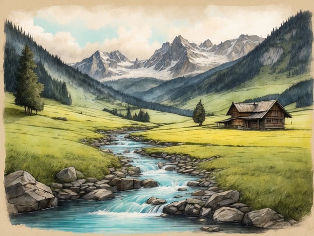 Auf dem Bild ist eine malerische Landschaft mit einer idyllischen Hütte zu sehen, die sich neben einem klaren, fließenden Bach inmitten einer weiten, grünen Wiese befindet. Im Hintergrund erheben sich majestätische Berge mit schneebedeckten Gipfeln. Diese Umgebung könnte verschiedene Unterkunftsmöglichkeiten bieten, wie zum Beispiel:1. **Ferienhütten** – Eine gemütliche Hütte wie die im Bild, ideal für einen ruhigen Rückzugsort in der Natur.2. **Almhütten** – Traditionelle Unterkünfte, die oft in bergigen Regionen zu finden sind und ein authentisches Alpen-Erlebnis bieten.3. **Campingplätze** – In der Nähe des Baches könnten Zeltplätze eingerichtet sein, um die Natur hautnah zu erleben.4. **Berglodges** – Diese können einen komfortableren Aufenthalt mit zusätzlichen Annehmlichkeiten und oft atemberaubenden Ausblicken bieten.Die Umgebung lädt auf jeden Fall zu Aktivitäten wie Wandern und Entspannen in der Natur ein.