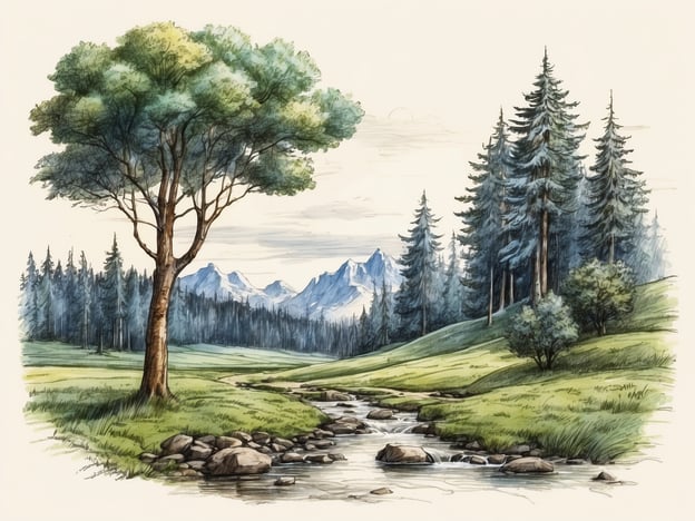 Auf dem Bild ist eine idyllische Landschaft zu sehen, die einen großen Baum, eine Gruppe von Tannen, eine Wiese und einen kleinen Fluss zeigt, der durch das Gelände fließt. Im Hintergrund erkennt man Berge.Was ist ein Baumhaushotel? Ein Baumhaushotel ist eine besondere Form der Unterkunft, die in den Bäumen gebaut ist. Diese Hotels bieten den Gästen die Möglichkeit, in unmittelbarem Kontakt mit der Natur zu übernachten, oft mit einer tollen Aussicht und einem einzigartigen Erlebnis. Sie sind häufig nachhaltig gestaltet und bieten einen Rückzugsort inmitten der Wälder.
