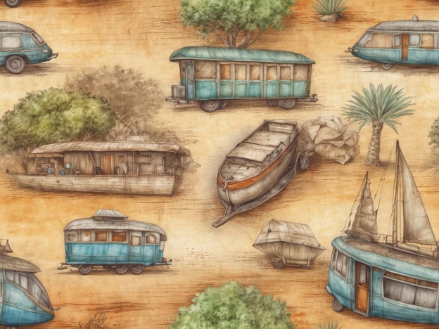 Auf dem Bild sind verschiedene Transportmittel zu sehen, darunter alte Wohnwagen und Boote, die in einer natürlichen, trockenen Umgebung angeordnet sind. Diese Darstellung könnte die Idee des Reisens und der Erkundung symbolisieren.Nachhaltiges Reisen ist wichtig, weil es dazu beiträgt, die Umwelt zu schützen und die natürlichen Ressourcen zu schonen. Es fördert den verantwortungsvollen Umgang mit der Natur und unterstützt lokale Gemeinschaften. Durch nachhaltiges Reisen können wir die Schönheit der Welt weiterhin genießen, ohne künftige Generationen zu gefährden. Indem Reisende umweltfreundliche Transportmittel und Unterkünfte wählen, können sie ihren ökologischen Fußabdruck minimieren und einen positiven Beitrag zum Reiseort leisten.