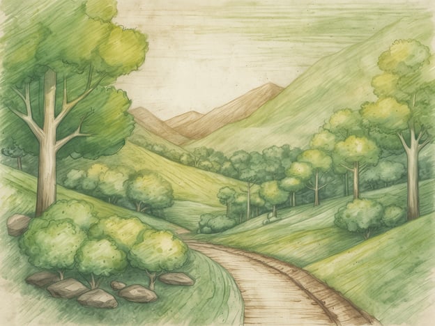 Auf dem Bild ist eine idyllische Landschaft mit sanften Hügeln, Bäumen und einem gewundenen Weg zu sehen. Diese Szenerie erinnert an grüne Reiseziele in Deutschland, wie zum Beispiel:1. **Schwarzwald**: Berühmt für seine dichten Wälder und malerischen Wanderwege.2. **Bayerischer Wald**: Ein Paradies für Naturliebhaber mit unberührter Natur und herrlichen Ausblicken.3. **Harz**: Bietet eine Vielzahl von Wanderwegen und reizenden Tälern.4. **Rothaargebirge**: Bekannt für seine sanften Hügel und weitreichenden Wälder.Diese Orte bieten eine perfekte Kulisse für Outdoor-Aktivitäten und entspannende Aufenthalte in der Natur.