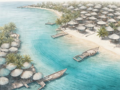 Eine idyllische maledivische Insel mit türkisfarbenem Wasser und feinem Sandstrand. Mehrere über dem Wasser errichtete Bungalows sind von Palmen umgeben und bilden eine tropische Kulisse. Im Vordergrund sind einige Holzboote zu sehen, die sanft im Wasser schaukeln. Eine ruhige Atmosphäre mit einer geschwungenen Strandlinie, die zu weiteren Bungalows und der Küste führt. Ideal für einen erholsamen Urlaub auf den Malediven.