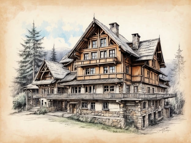 Auf dem Bild ist ein architektonisch ansprechendes Gebäude zu sehen, das in einer naturnahen Umgebung eingebettet ist. Die Verwendung von Holz und Stein für die Konstruktion deutet auf nachhaltige Baupraktiken hin, die Umweltbewusstsein widerspiegeln. Solche Bauweisen tragen dazu bei, natürliche Ressourcen zu schonen und die CO₂-Emissionen zu reduzieren.Die Integration in die Landschaft, umgeben von Bäumen, zeigt zudem, wie wichtig der Einklang mit der Natur ist. Der Erhalt der natürlichen Umgebung fördert die Biodiversität und schafft Lebensräume für unterschiedliche Arten. Insgesamt vermittelt das Bild ein Gefühl von Harmonie zwischen menschlichem Wohnraum und der Umwelt, was ein wichtiger Aspekt der Nachhaltigkeit ist.