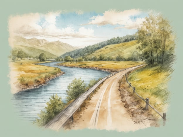 Auf dem Bild ist eine malerische Landschaft zu sehen, die eine geschwungene Flussansicht darstellt. Der Fluss fließt durch eine grüne Umgebung mit sanften Hügeln im Hintergrund. Neben dem Wasser verläuft ein holpriger Weg, der von einer Holzgeländer begleitet wird, und die gesamte Szenerie strahlt Ruhe und Idylle aus.
Diese Darstellungen könnten Teil einer Reise entlang des Elberadwegs sein, welcher bekannt ist für seine schönen Ausblicke auf die Elbe und die reizvolle Natur der Region. Der Elberadweg bietet zahlreiche Gelegenheiten, die beeindruckende Landschaft und die Vielfalt der Tier- und Pflanzenwelt zu genießen.