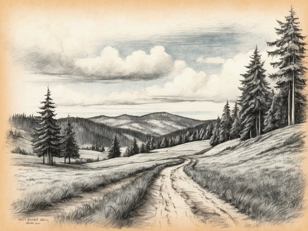 Auf dem Bild ist eine malerische Landschaft zu sehen.**Die Route:**Ein kurviger Weg zieht sich durch die Landschaft, der in die Ferne führt. Er vermittelt das Gefühl von Erkundung und Abenteuer in der Natur.**Highlights:**- Dichte Nadelbäume säumen den Weg und stehen am Rand der sanften Hügel.- Die Berge im Hintergrund schaffen eine beeindruckende Kulisse.- Der Himmel ist mit weißen Wolken geschmückt, die die Landschaft aufhellen und eine friedliche Stimmung erzeugen.Insgesamt strahlt die Szene Ruhe und Naturnähe aus.