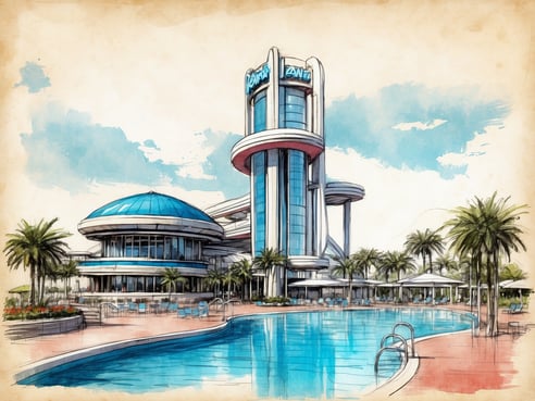 Eine künstlerische Skizze des Aquafan Wasserparks in Italien, die das Hauptgebäude mit einer blauen Kuppel und modernen Architektur zeigt. Im Vordergrund ist ein Pool mit einer geschwungenen Form zu sehen, umgeben von Liegen und Palmen. Der Himmel ist klar und blau, was eine sonnige Atmosphäre vermittelt.