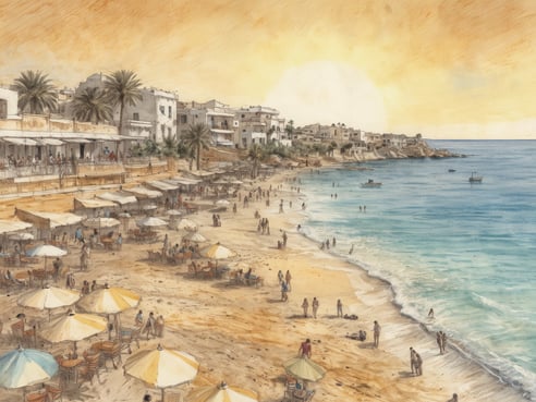 Ein malerischer Strand mit feinem sandigen Ufer, an dem zahlreiche Sonnenliegen und Sonnenschirme stehen. Menschen genießen den Sonnenuntergang und die entspannte Atmosphäre. Im Hintergrund sind weiße Gebäude und Palmen zu sehen, die das Küstenbild abrunden. Einige Boote sind im Wasser. Die Szenerie vermittelt das Gefühl eines perfekten Urlaubstags auf Zypern.